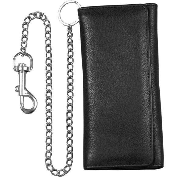 Genuine Black Cowhide Leather Chain Wallet, Trifold Long Chain Motorcycle Biker - Picture 2 of 8